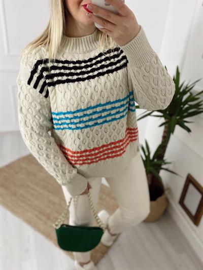 Twist Model Ekru Çizgi Kazak