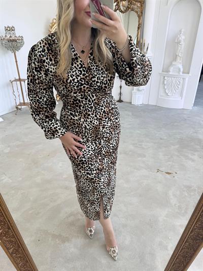 V Yaka Leopar Saten Elbise