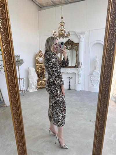 V Yaka Leopar Saten Elbise