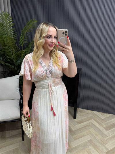 Vanessa Önü Pul Detay Beli Lastikli Tasarım İthal Elbise Mercan