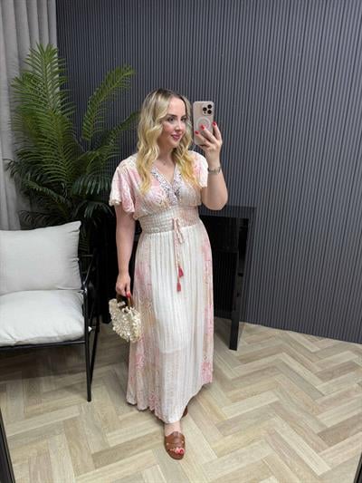 Vanessa Önü Pul Detay Beli Lastikli Tasarım İthal Elbise Mercan