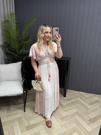 Vanessa Önü Pul Detay Beli Lastikli Tasarım İthal Elbise Mercan