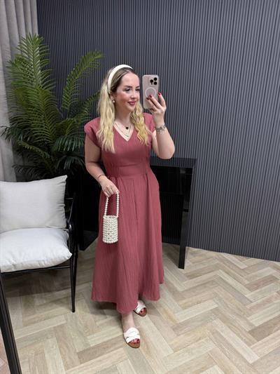 Vatkalı Beli Lastikli Müslin Kumaş Elbise Mürdüm