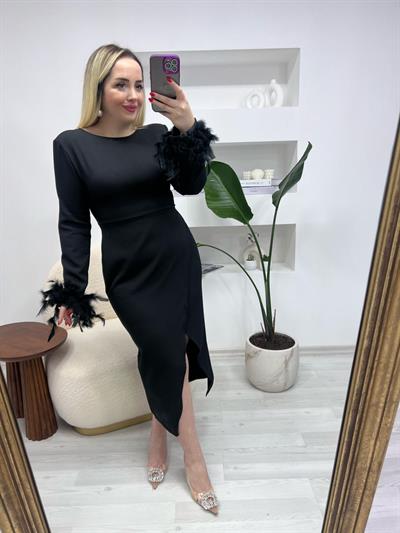 Vatkalı Cindy Tüy Detaylı Tasarım Elbise Siyah