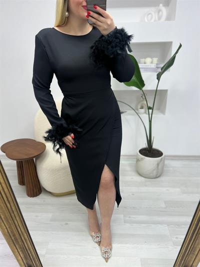 Vatkalı Cindy Tüy Detaylı Tasarım Elbise Siyah