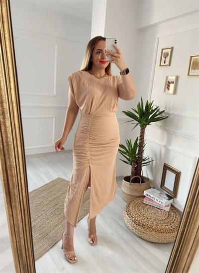 Vatkalı Drapeli Fitilli Elbise Toz Pembe