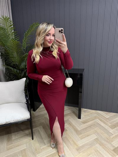 Vatkalı Drapeli Kruvaze Elbise Bordo