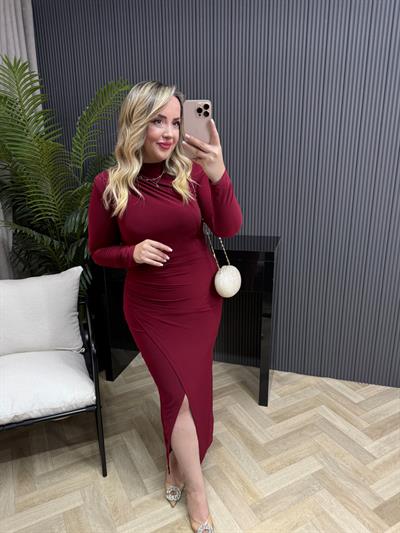 Vatkalı Drapeli Kruvaze Elbise Bordo