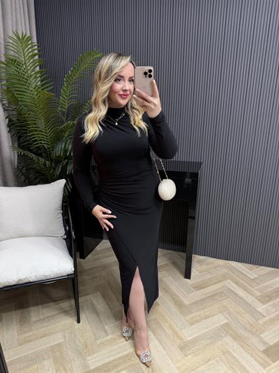 Vatkalı Drapeli Kruvaze Elbise Siyah