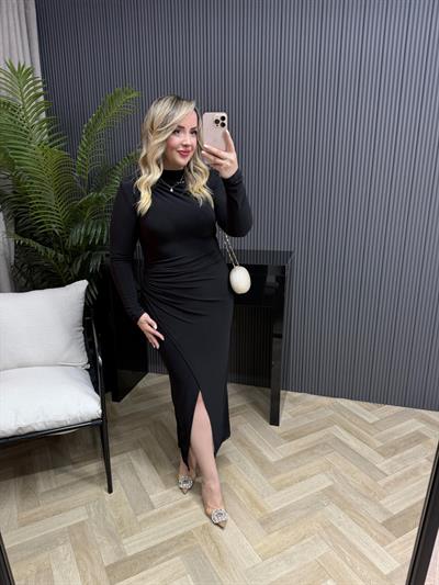 Vatkalı Drapeli Kruvaze Elbise Siyah