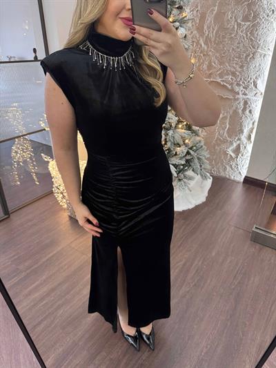 Vatkalı Drapeli Taş Tasarım Kadife Elbise Siyah