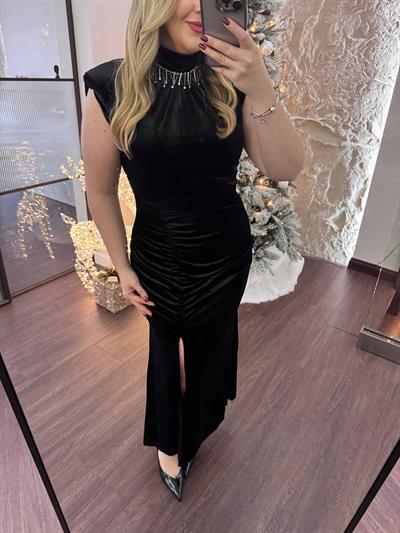 Vatkalı Drapeli Taş Tasarım Kadife Elbise Siyah