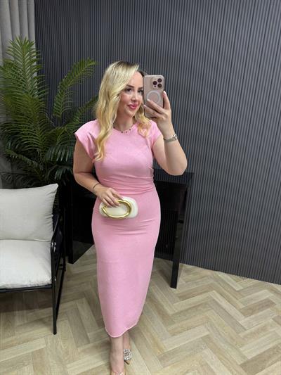 Vatkalı Drapeli Taşlı Krep Elbise Pembe