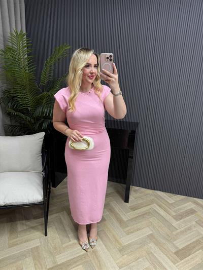 Vatkalı Drapeli Taşlı Krep Elbise Pembe