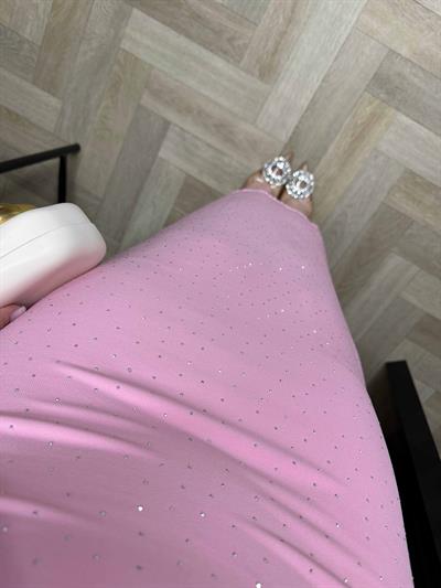 Vatkalı Drapeli Taşlı Krep Elbise Pembe
