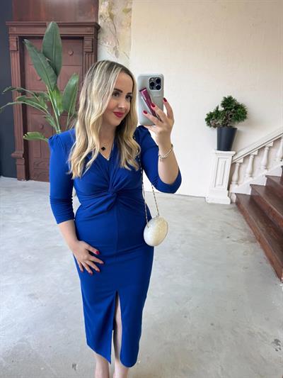 Vatkalı Düğüm Detaylı Krep Elbise Saks Mavi