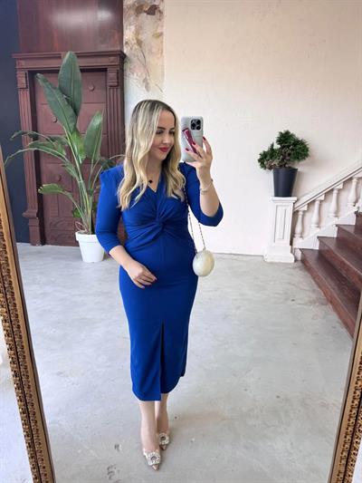 Vatkalı Düğüm Detaylı Krep Elbise Saks Mavi