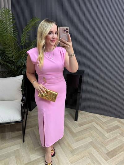 Vatkalı Gold Detaylı Kalem Elbise Pembe