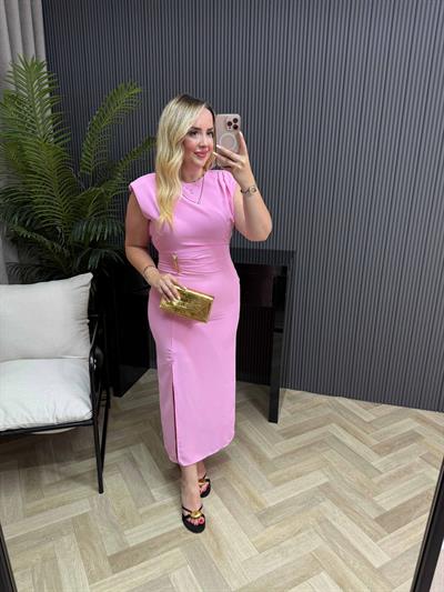 Vatkalı Gold Detaylı Kalem Elbise Pembe