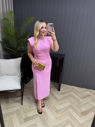 Vatkalı Gold Detaylı Kalem Elbise Pembe