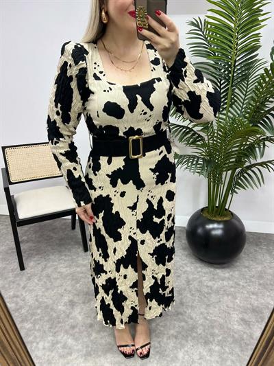 Vatkalı Kalın Kemerli Desenli Elbise