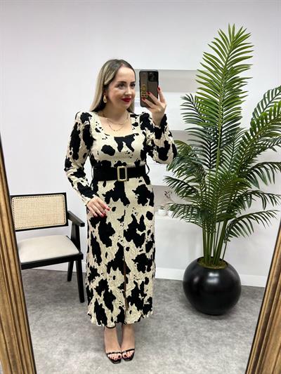 Vatkalı Kalın Kemerli Desenli Elbise