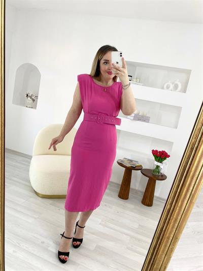 Vatkalı Kemerli Pembe Midi Boy Kalem Elbise