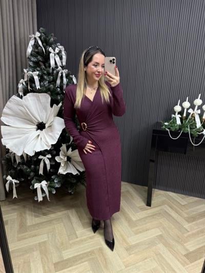 Vatkalı Kruvaze Görünümlü Elbise Bordo