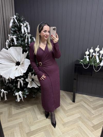 Vatkalı Kruvaze Görünümlü Elbise Bordo