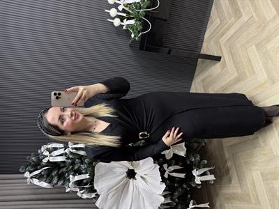 Vatkalı Kruvaze Görünümlü Elbise Siyah