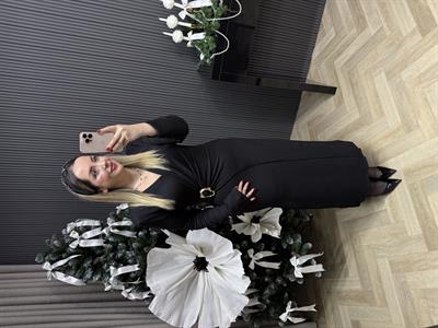Vatkalı Kruvaze Görünümlü Elbise Siyah