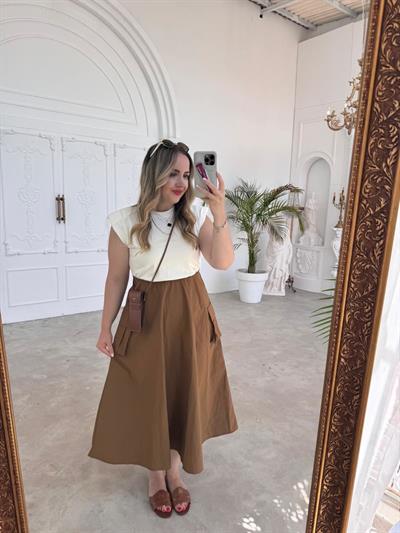 Vatkalı Orj Marka Bel Detaylı Elbise Kahve