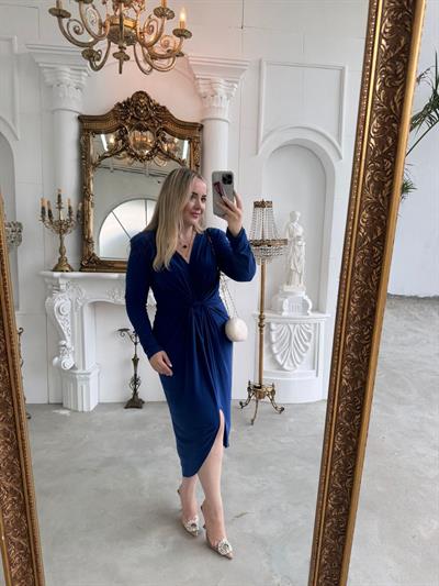 Vatkalı Paris İthal Cendy Kumaş Elbise Saks Mavi