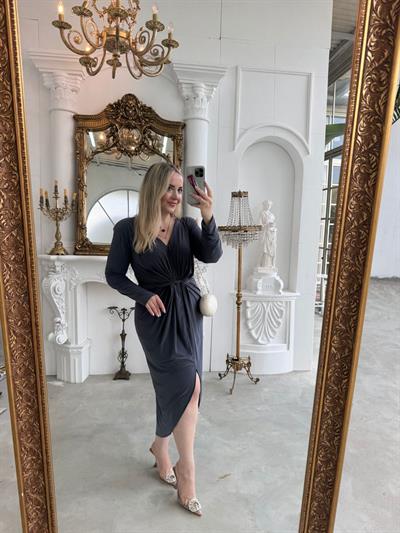 Vatkalı Paris İthal Cendy Kumaş Elbise Gri