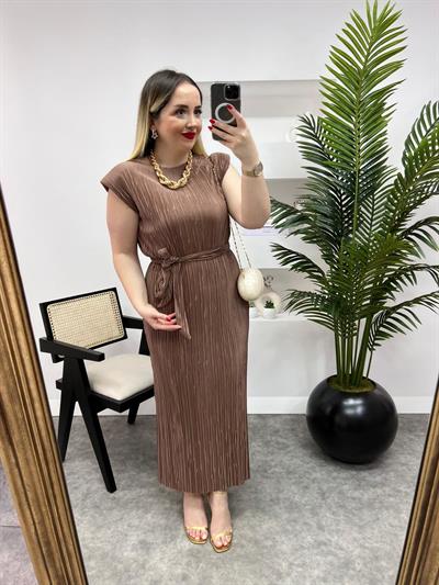 Vatkalı Pilise Kumaş Kuşaklı Elbise Bronz