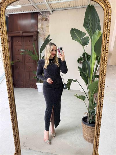 Vatkalı Simli Drapeli Elbise Siyah