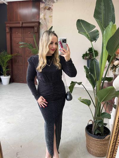 Vatkalı Simli Drapeli Elbise Siyah