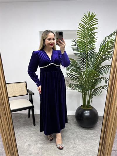 Vatkalı Taş İşleme Maxi Boy Kadife Elbise Mor