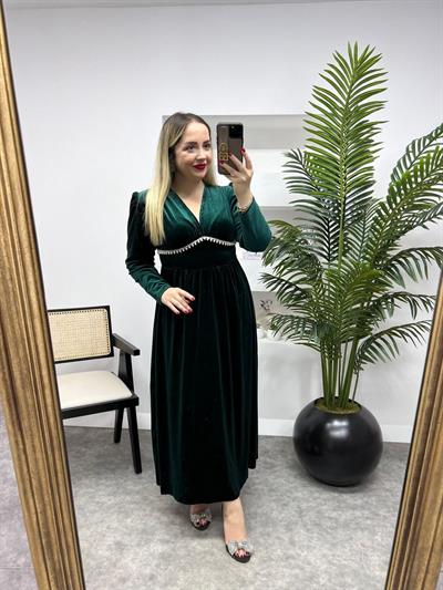 Vatkalı Taş İşleme Maxi Boy Kadife Elbise Zümrüt