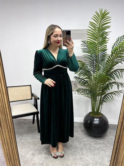 Vatkalı Taş İşleme Maxi Boy Kadife Elbise Zümrüt