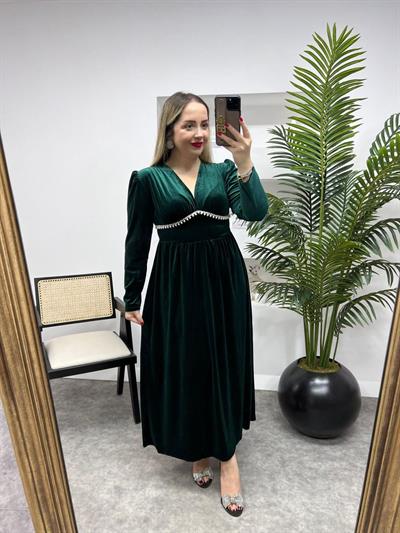 Vatkalı Taş İşleme Maxi Boy Kadife Elbise Zümrüt