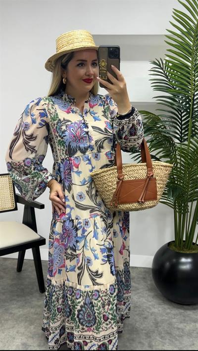 Vatkalı Uzun Şifon Elbise Lacivert