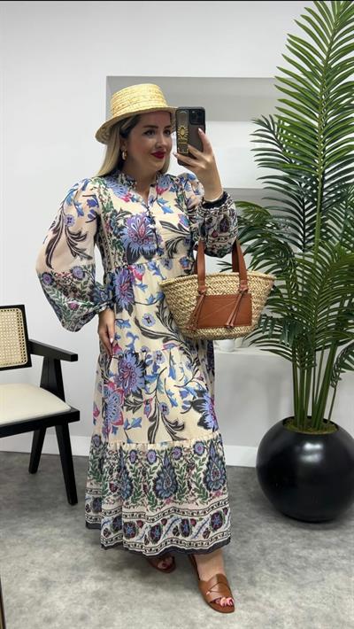 Vatkalı Uzun Şifon Elbise Lacivert