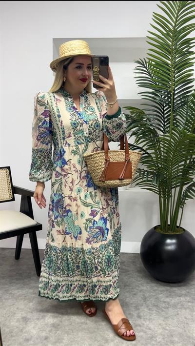 Vatkalı Uzun Şifon Elbise Mint