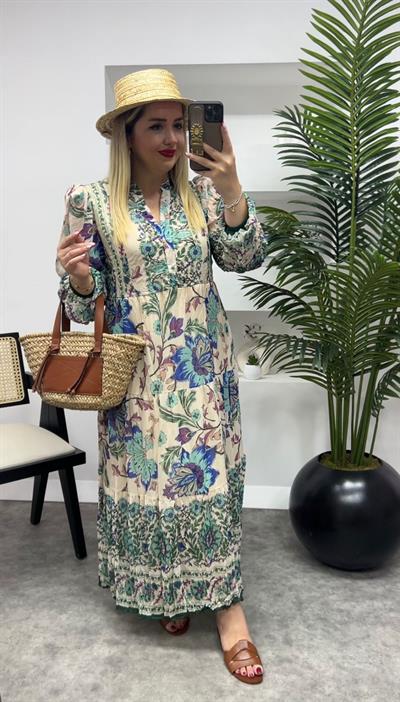 Vatkalı Uzun Şifon Elbise Mint