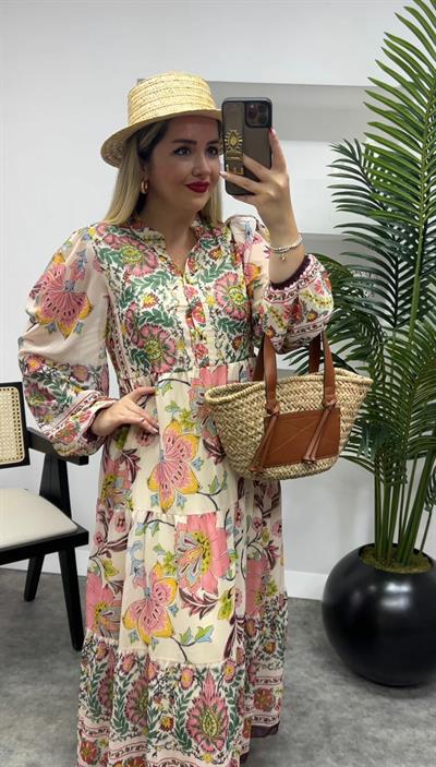 Vatkalı Uzun Şifon Elbise Pembe