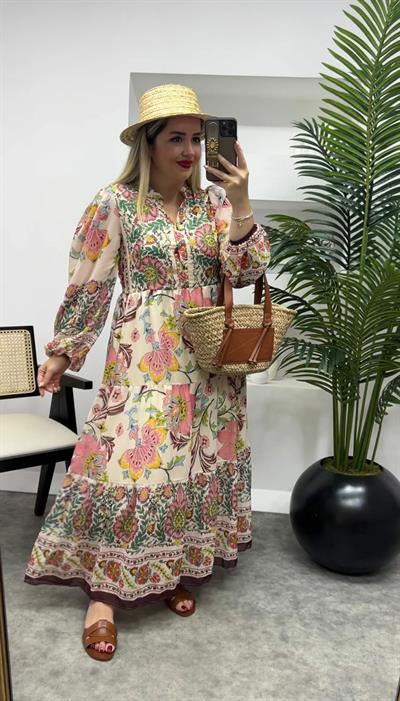 Vatkalı Uzun Şifon Elbise Pembe