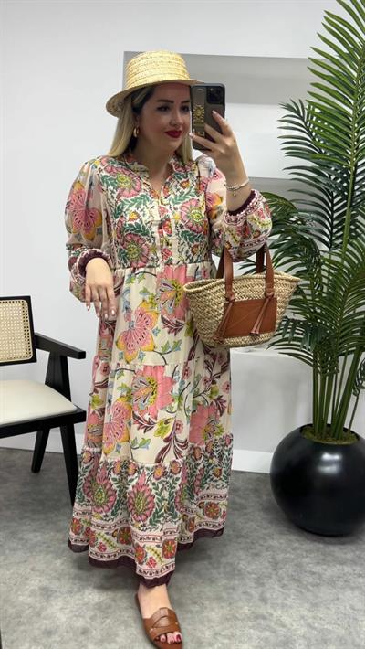 Vatkalı Uzun Şifon Elbise Pembe