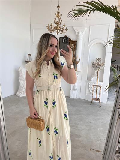 Vatkalı Zeytın Dalı Desenli Ham Keten Elbise