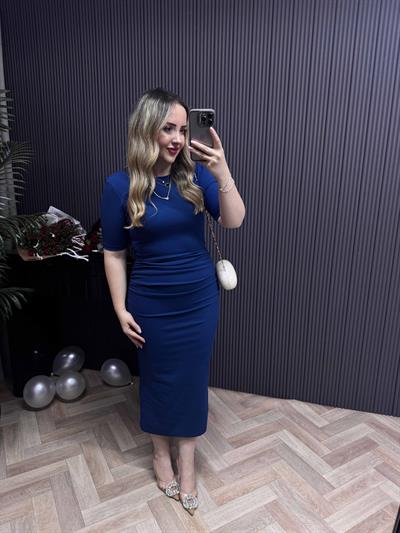 Velvet Drapeli Midi Boy Kısa Kollu Elbise Lacivert